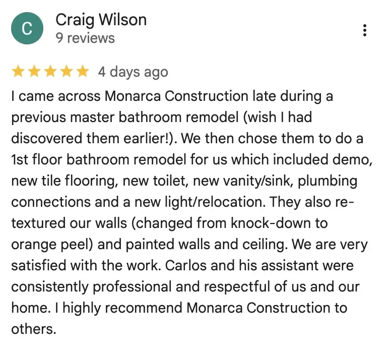 Monarca Construction & Remodeling 5-star Google review 11