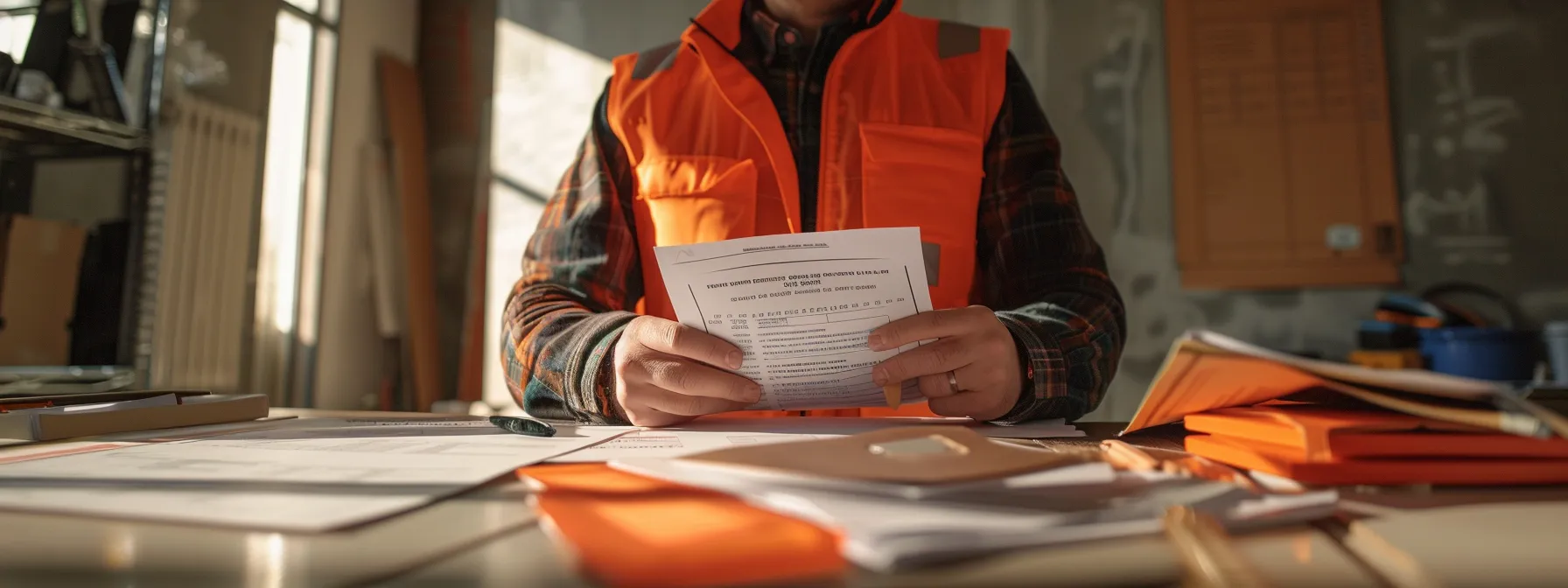 a contractor displaying their licensing and insurance certificates on a sleek office desk. a contractor displaying their licensing and insurance certificates on a sleek office desk.