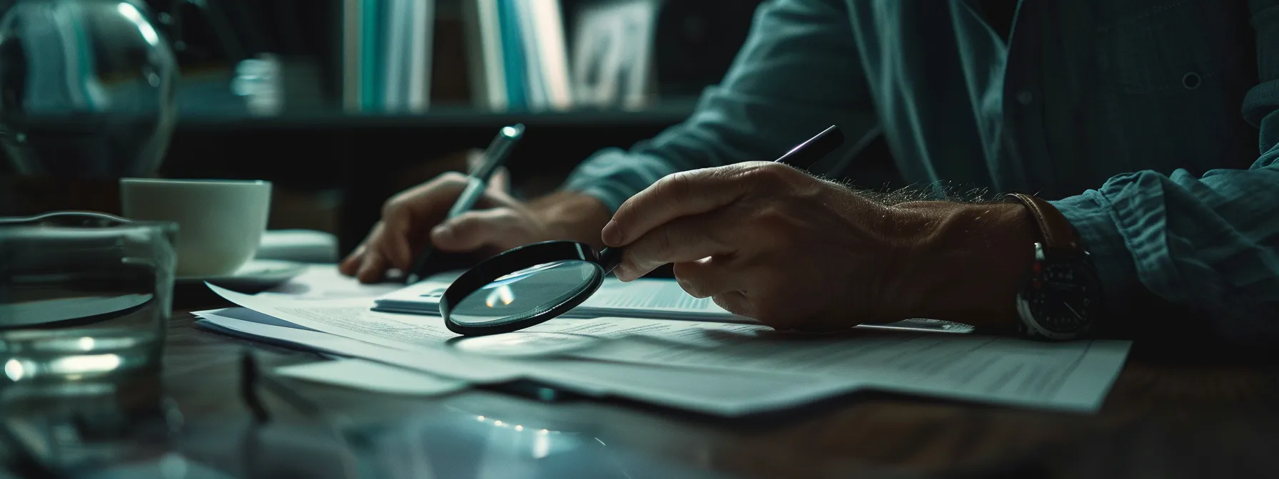 a person carefully reviewing a detailed contract at a modern desk with a magnifying glass, pen, and paper scattered around them in a well-lit room. a person carefully reviewing a detailed contract at a modern desk with a magnifying glass, pen, and paper scattered around them in a well-lit room.