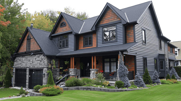 a large house with different types of siding